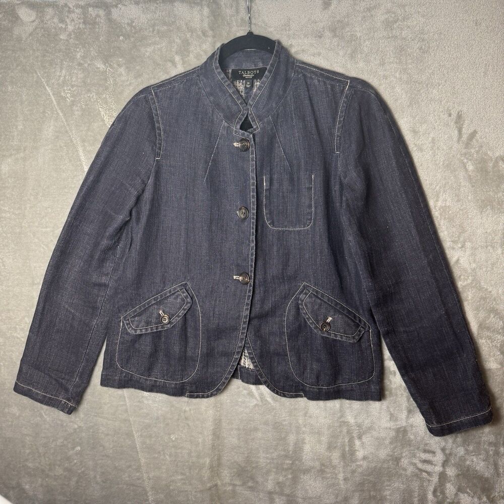 Talbots Petites Classic Mandarin Collar Dark Blue Linen Blazer Jacket 2P - Picture 2 of 8